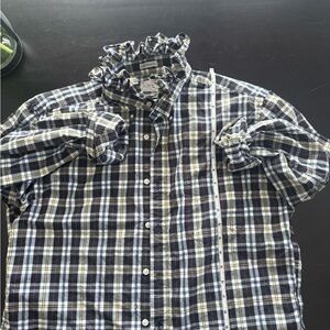 One of a kind Upcycled dress shirt with ruffle collar